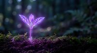 Glowing purple neon plant seedling emerging from dark soil with bokeh forest background. Digital art concept for growth, innovation and technology.