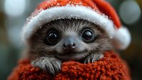 Baby sloth wearing red Santa hat and cozy knitted scarf looking at camera with big eyes against blurred holiday background, festive Christmas animal portrait.