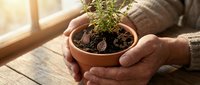 Mature hands holding terracotta pot with green seedling plant indoors by window, symbolizing growth, nurturing, gardening hobby, and environmental care for home gardening projects.
