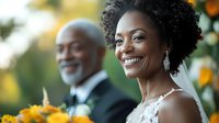 Beautiful African American bride with natural curly hair and pearl jewelry smiling joyfully at outdoor wedding ceremony with groom in background.