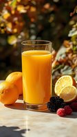 Fresh orange juice in tall glass with whole oranges, sliced citrus and fresh berries on wooden surface against blurred autumn background. Natural drink photography.