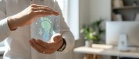 Hands protecting holographic Earth globe with green recycling symbols, environmental conservation and sustainability concept for eco-friendly business presentations.