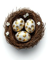 Decorative Easter eggs with gold daisy pattern nestled in natural twig nest with small white flowers, isolated on white background for holiday designs.