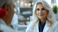 Confident female doctor with platinum blonde hair wearing white coat and navy scrubs consulting with patient in modern medical office with bokeh lights.