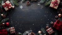 Christmas gifts and decorations arranged as frame on dark wooden background with fir branches, ornaments, and snowflakes creating festive holiday border.