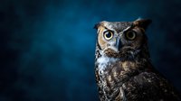Majestic great horned owl with piercing yellow eyes against dark blue background, showcasing detailed feather patterns and intense gaze for wildlife photography.