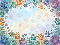 Colorful paw prints and floral elements frame a soft pastel gradient background, creating a whimsical border design. Isolated on white, ready for pet-related projects, invitations, and greeting cards.