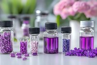Glass bottles with purple medicine pills, tablets and liquid on light surface with pink flowers in background, pharmaceutical and wellness concept.