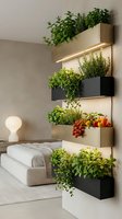 Modern vertical garden wall system with LED lighting growing fresh herbs and vegetables in contemporary living room interior design.