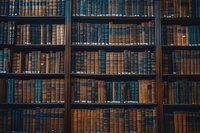 Vintage library with wooden bookshelves filled with antique leather-bound books in blue, brown, and gold tones, creating scholarly atmosphere.