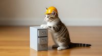 Tabby kitten wearing yellow hard hat standing next to miniature filing cabinet on wooden floor, construction worker concept for business and humor projects.