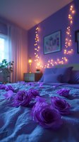 Romantic bedroom setting with purple roses scattered on bed, fairy lights creating warm ambiance against purple wall, window light adding dreamy atmosphere.