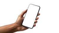 Hand holding modern smartphone with blank white screen mockup isolated on transparent background for app presentation and mobile design.
