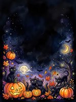 Spooky autumn night scene with black cats, glowing jack-o-lanterns, pumpkins, fall leaves, crescent moon, and stars on dark starry sky background. Halloween celebration artwork.