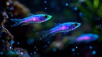 Vibrant neon tetras swimming in dark aquarium water, displaying luminescent blue and purple scales against blurred aquatic background with floating particles.