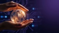 Hands holding glowing shield icon with digital security symbols on dark purple background with circuit patterns and blue light particles for cybersecurity and data protection concepts.