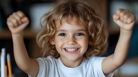 Joyful young child with curly blonde hair celebrating success with raised arms and bright smile, wearing white t-shirt against blurred background.