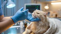 Veterinarian in blue gloves administering oral medication to a calm fluffy cream cat wrapped in towel at modern clinic.