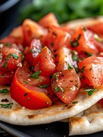 Fresh cut tomato wedges seasoned with herbs and black pepper served on warm flatbread, close-up macro shot showing juicy texture and garnish details.