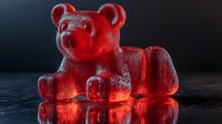 Red gummy bear candy on dark reflective surface with dramatic lighting, showcasing translucent texture and sweet treat appeal for food photography.