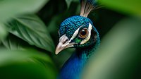 Close-up portrait of majestic peacock head showing iridescent blue-green feathers, distinctive crest, and sharp beak against blurred natural green background.
