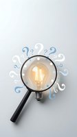 Magnifying glass examining illuminated light bulb surrounded by question marks symbolizing innovation, problem-solving, and creative thinking for business concepts.