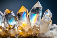 Clear quartz crystal cluster with rainbow iridescent reflections and golden amber hues against dark background, showing natural mineral formation and prismatic light effects.
