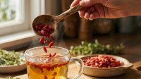 Hand adding dried goji berries to herbal tea with wooden spoon in bright kitchen setting with natural ingredients and healthy lifestyle concept.