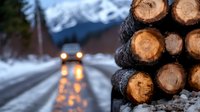Stacked pine logs in winter forest with blurred car headlights on snowy mountain road at dusk, creating atmospheric outdoor scene with bokeh effect.