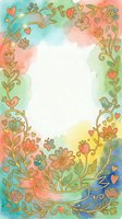 Whimsical floral frame with hand-drawn flowers, hearts, and birds on watercolor background. Isolated design with white center space, ready for text, invitations, greeting cards, or social media graphics.