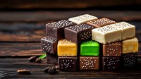 Colorful petit fours with chocolate coating and sugar sprinkles arranged in geometric pattern on rustic wooden background. Sweet dessert confectionery close up.