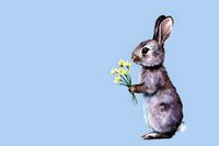 Adorable gray bunny holding yellow spring flowers on light blue background, artistic illustration for greeting cards, children books and seasonal designs.