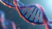 Colorful DNA helix structure with blue and orange strands against dark background, showcasing genetic science and molecular biology research.