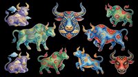 Colorful decorative bulls and oxen with ornate patterns, horns, and traditional folk art designs. Isolated on transparent background, ready for t-shirts, clipart, stickers, sublimation, and print-on-demand projects.