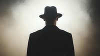 Silhouette of man in black suit and fedora hat standing against bright misty background, creating mysterious noir atmosphere. Dramatic lighting emphasizes detective story mood.