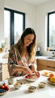 Happy young Caucasian woman in floral robe preparing healthy breakfast bowl with fresh berries and granola in modern bright kitchen with natural light.