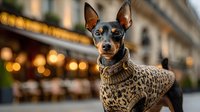 Small black and tan dog wearing knitted sweater sits on urban street with warm bokeh lights in background during golden hour evening atmosphere.