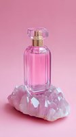 Luxury pink perfume bottle with golden cap standing on rose quartz crystal against soft pink background for beauty and cosmetics branding.
