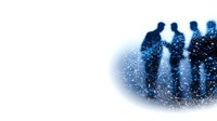 Silhouettes of business people with glowing blue particles effect on white background, creating mysterious professional atmosphere. Group meeting concept.