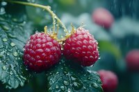 Fresh ripe red raspberries with water droplets on green leaves in garden. Organic summer berry harvest for healthy eating and natural food concepts.