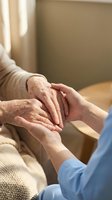 Caregiver holding elderly woman hands providing comfort and support in warm home healthcare setting for senior care and compassion.