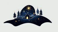 Magical winter night landscape with glowing house, pine trees and starry sky silhouette. Festive holiday scene for seasonal greeting cards and decorations.