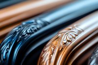 Macro shot of luxury leather belts with ornate floral embossing pattern in black, brown and white colors showing fine craftsmanship and textural details.