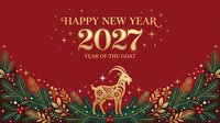 Happy New Year 2027 greeting card with golden goat, festive decorations, and sparkling elements on deep red background for holiday celebrations and seasonal marketing campaigns.