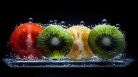 Fresh fruit slices of kiwi and orange with water drops on black background, macro photography showing vibrant colors and textures in dramatic lighting.