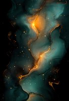 Abstract fluid art in deep teal and gold tones featuring luminous flowing lines and glowing particles against dark background, creating cosmic nebula effect.