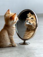 Orange tabby kitten looking at reflection in vintage round mirror on wooden surface, self-awareness and curiosity concept for pet care marketing.