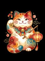 Maneki-neko lucky cat with raised paw, red bow, lantern, and ornamental details isolated on transparent background. Ready for t-shirts, stickers, clipart, sublimation, and print-on-demand designs.