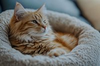Ginger long-haired cat with blue eyes resting comfortably in plush round pet bed, looking away thoughtfully against soft blurred background.