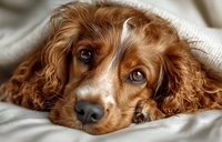 Adorable red cocker spaniel puppy with expressive brown eyes lying under soft white blanket on bed. Cozy pet portrait for home decor and animal lover content.